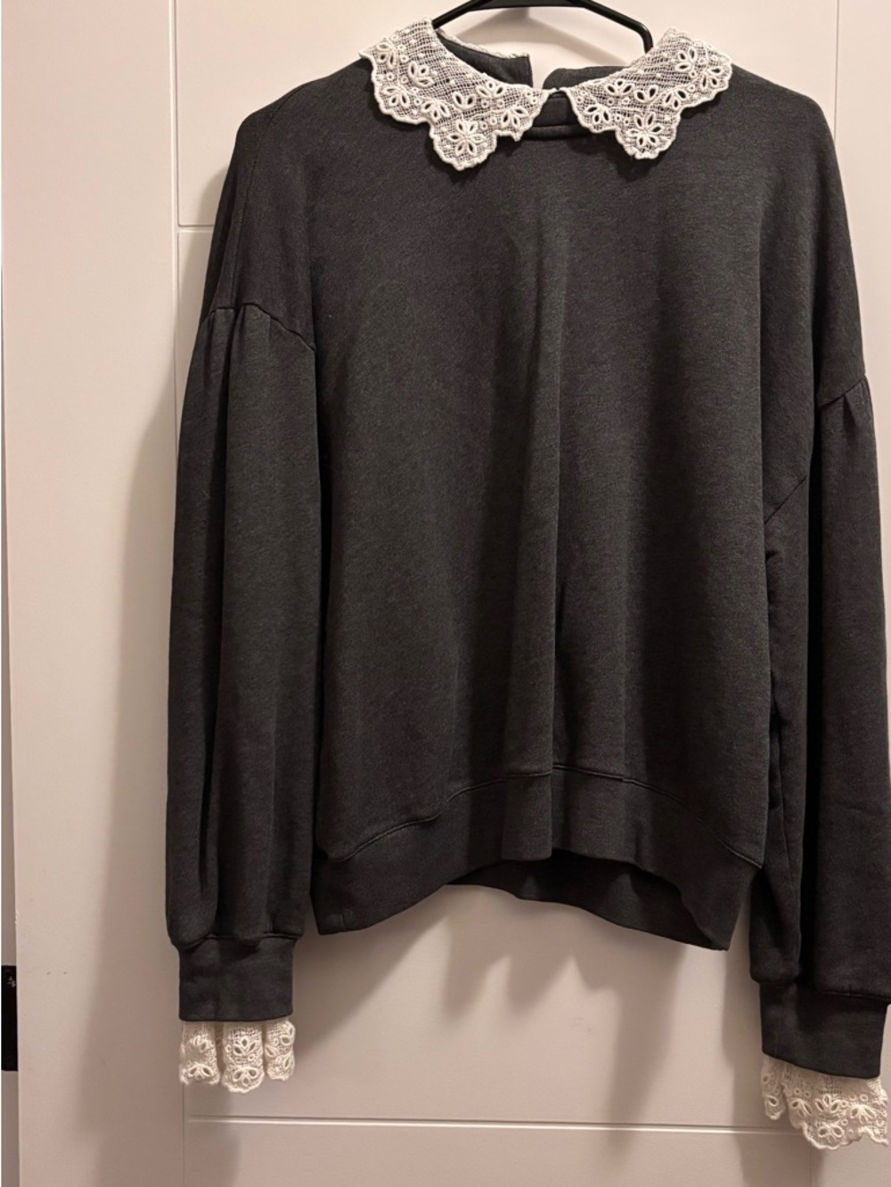 J. Crew Charcoal Gray Crewneck Sweater with White Lace Collar